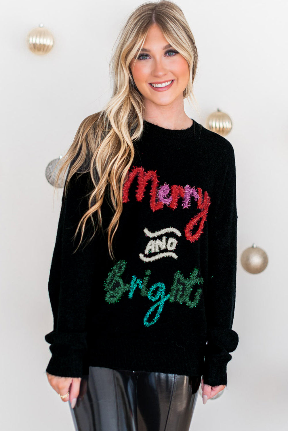 Merry and Bright Black Tinsel Graphic Christmas Sweater