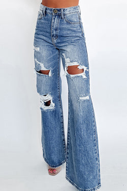 Ashleigh - High Waisted Wide Leg Jeans in Acid Wash Blue Distressed