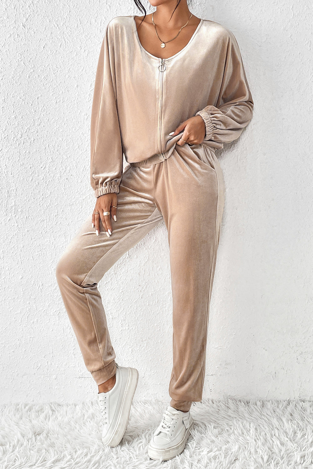 Parchment Velvet Zip-Up Top and Joggers Two-Piece Set