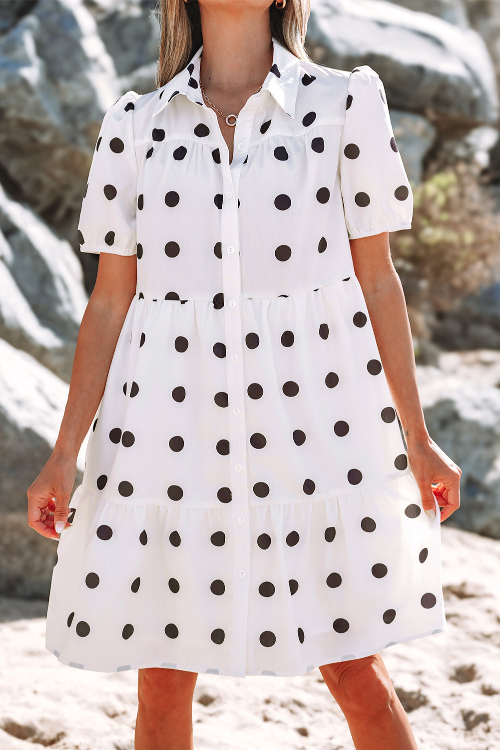 White Babydoll dress with polka dots and sleeve collar *