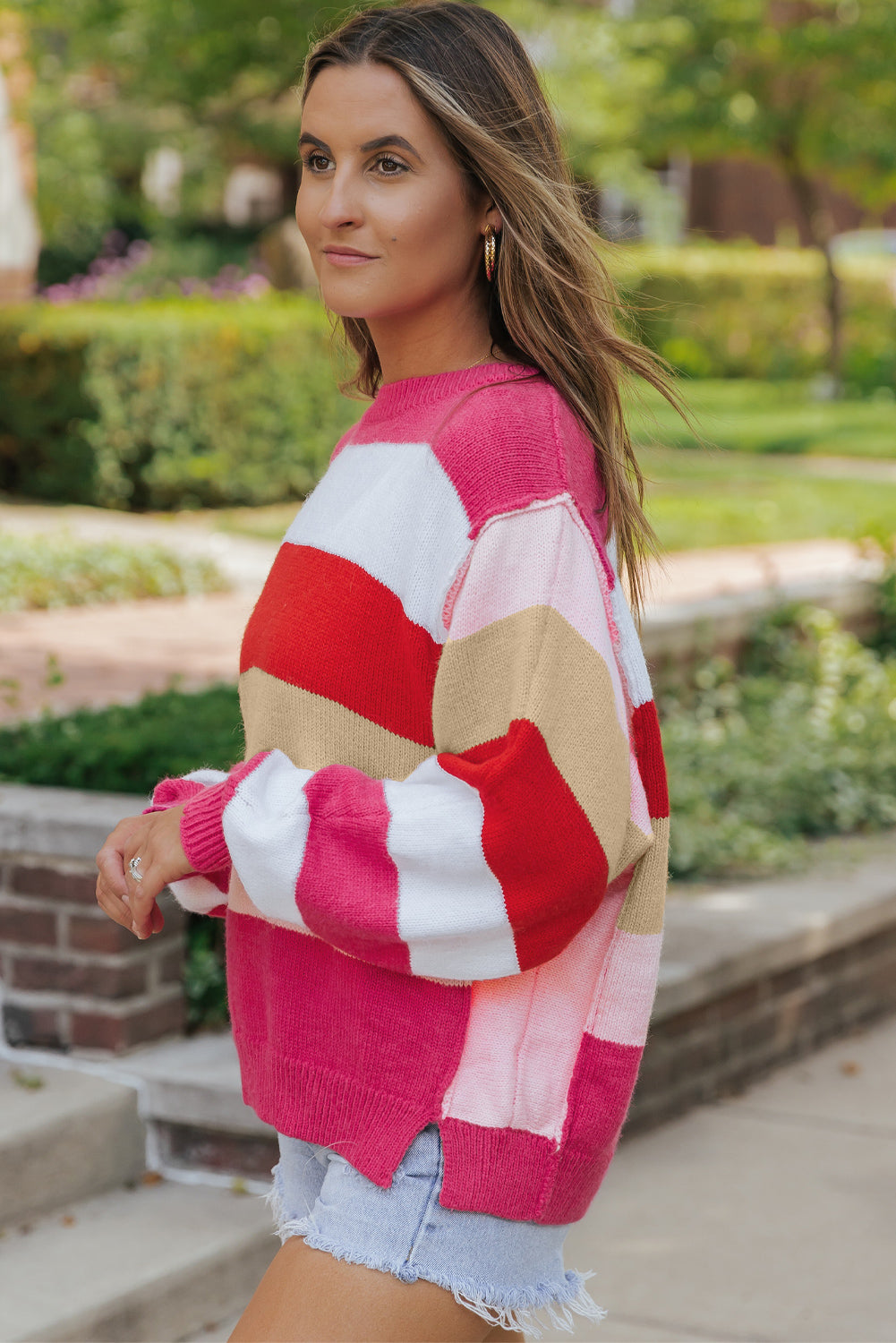 Bright Red Horizon Mixed Stripe Batwing Sleeve Sweater