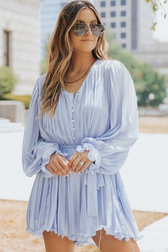 Sky Blue V-Neck Pleated Romper with Ruffles and Buttons at the Waist