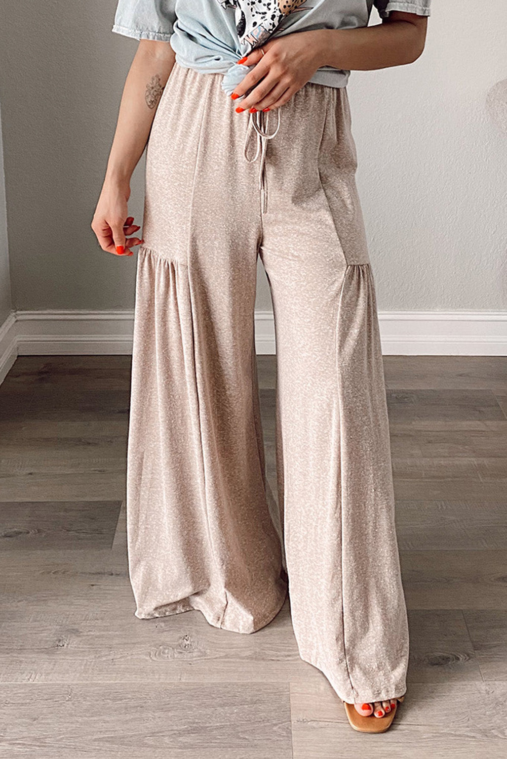 Khaki Drawstring Pleated Wide Leg Pants