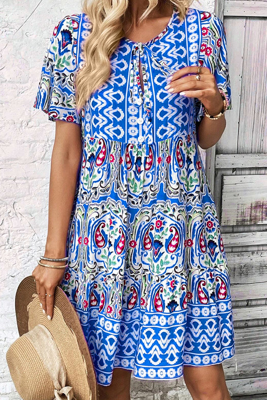 Sky blue bohemian print short dress with knotted neck and ruffled hem