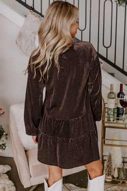 Dark Brown Textured Velvet V-Neck Straight Dress