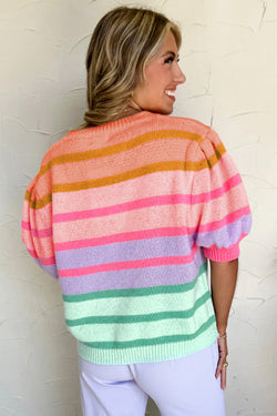 Short sleeve sweater with pink red colored stripes