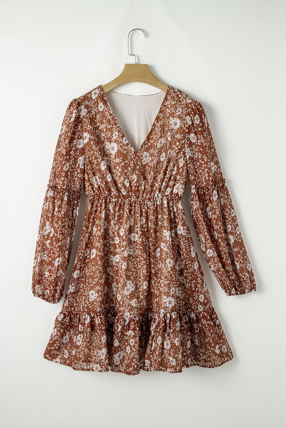 Brown Boho Floral Rusfled Puff manga V Neck Mini Vestido