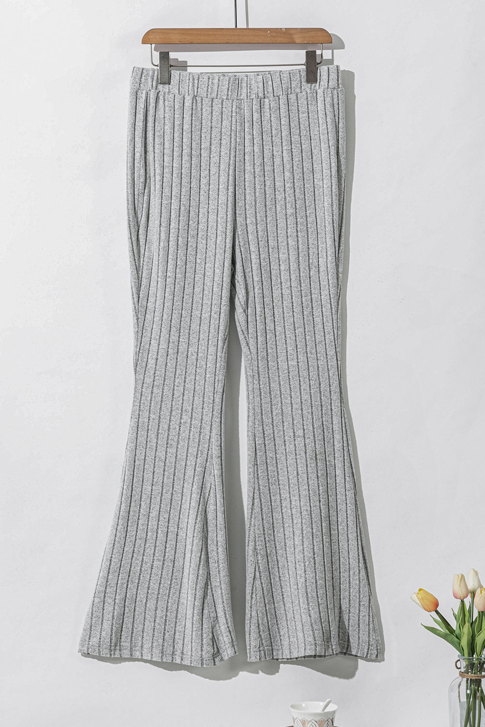 Solid Color Grey High Waisted Ribbed Flare Pants