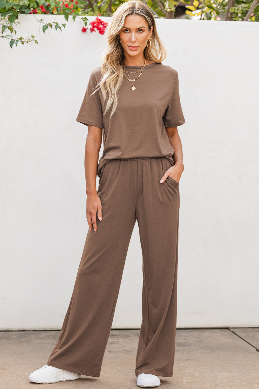 Smoke Gray Solid Color T-Shirt and Wide Leg Pants 2 Piece Set