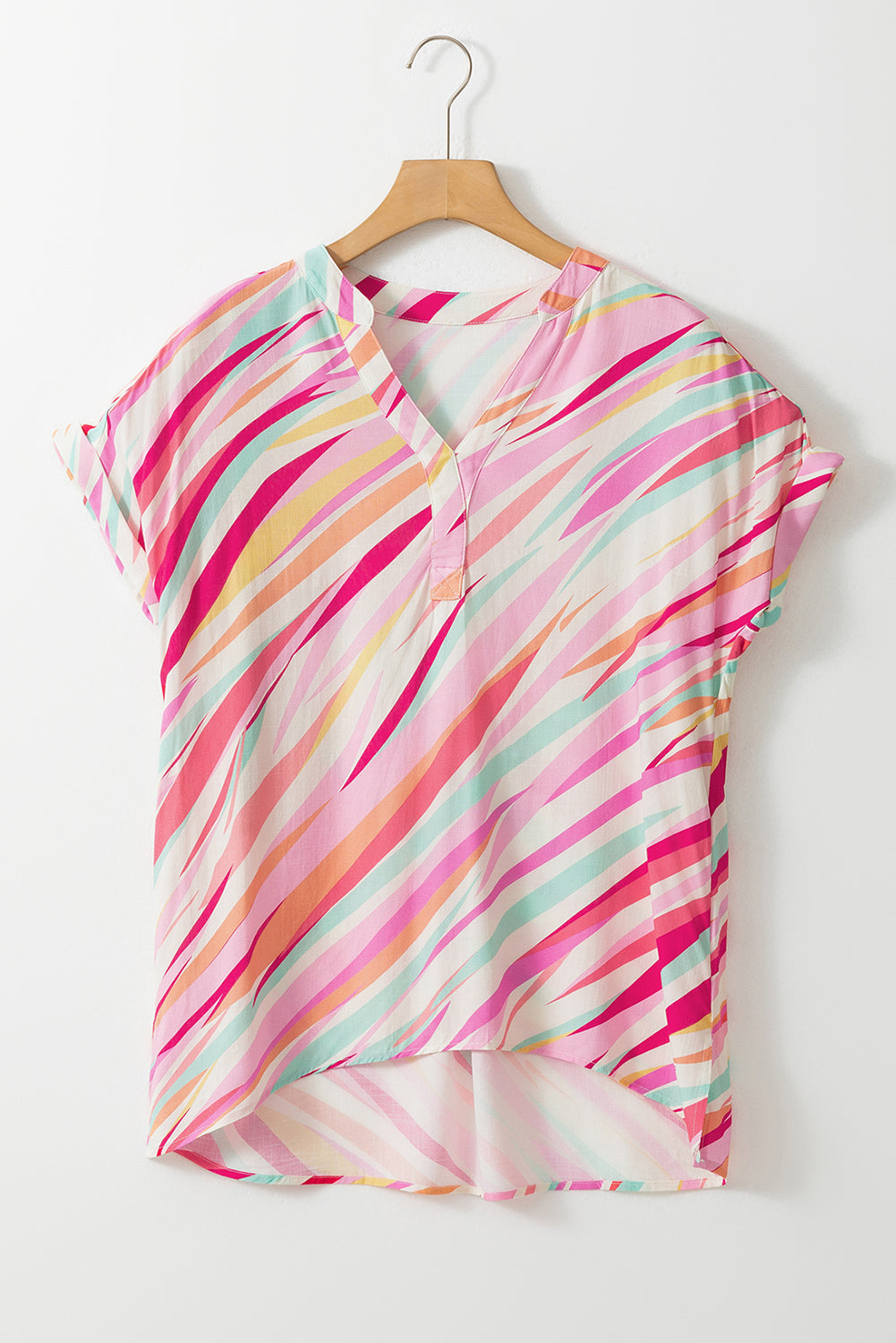 Multicolour Abstract Print High Low Short Sleeve Blouse