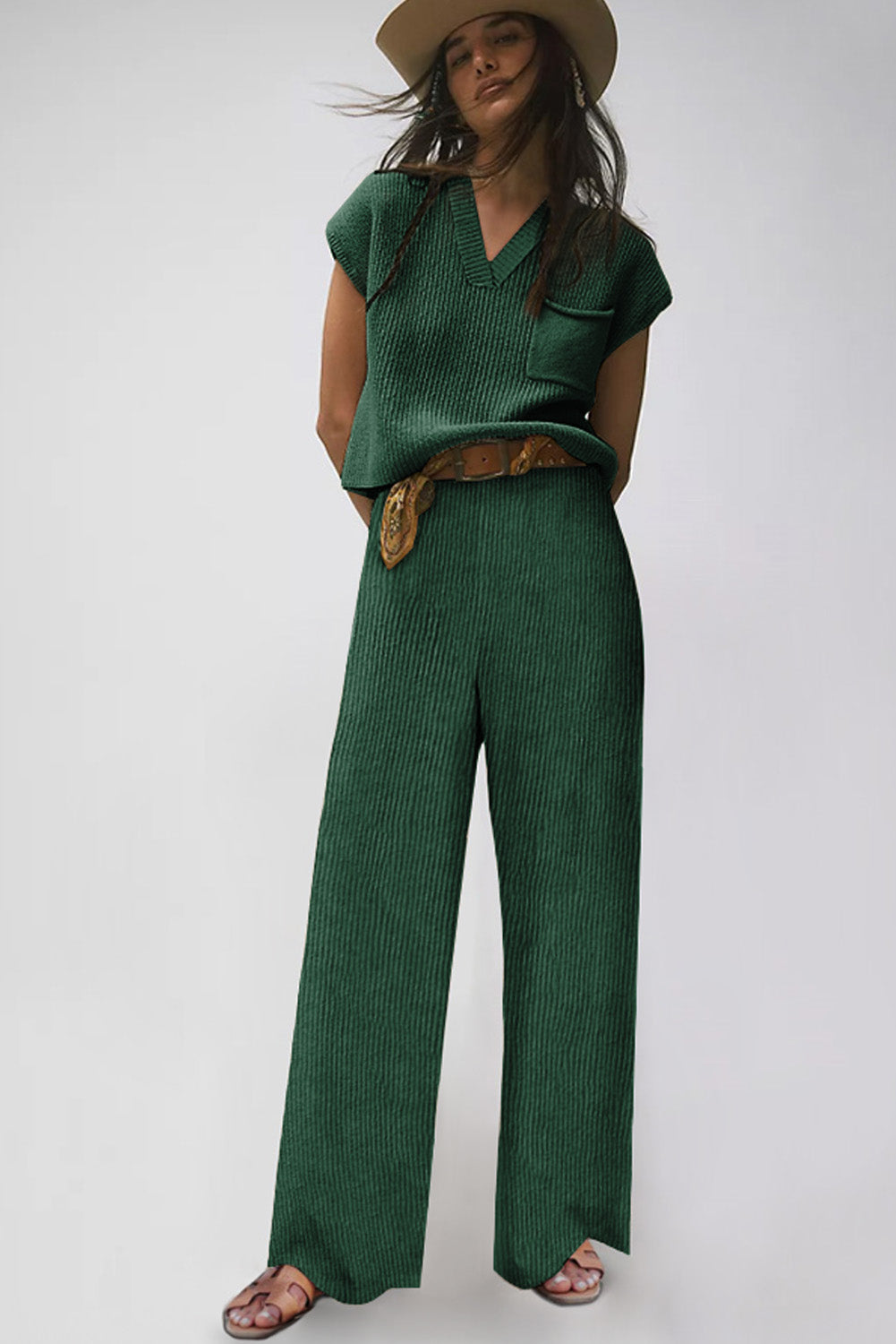 Green knitted v-neck sweater and casual pants set