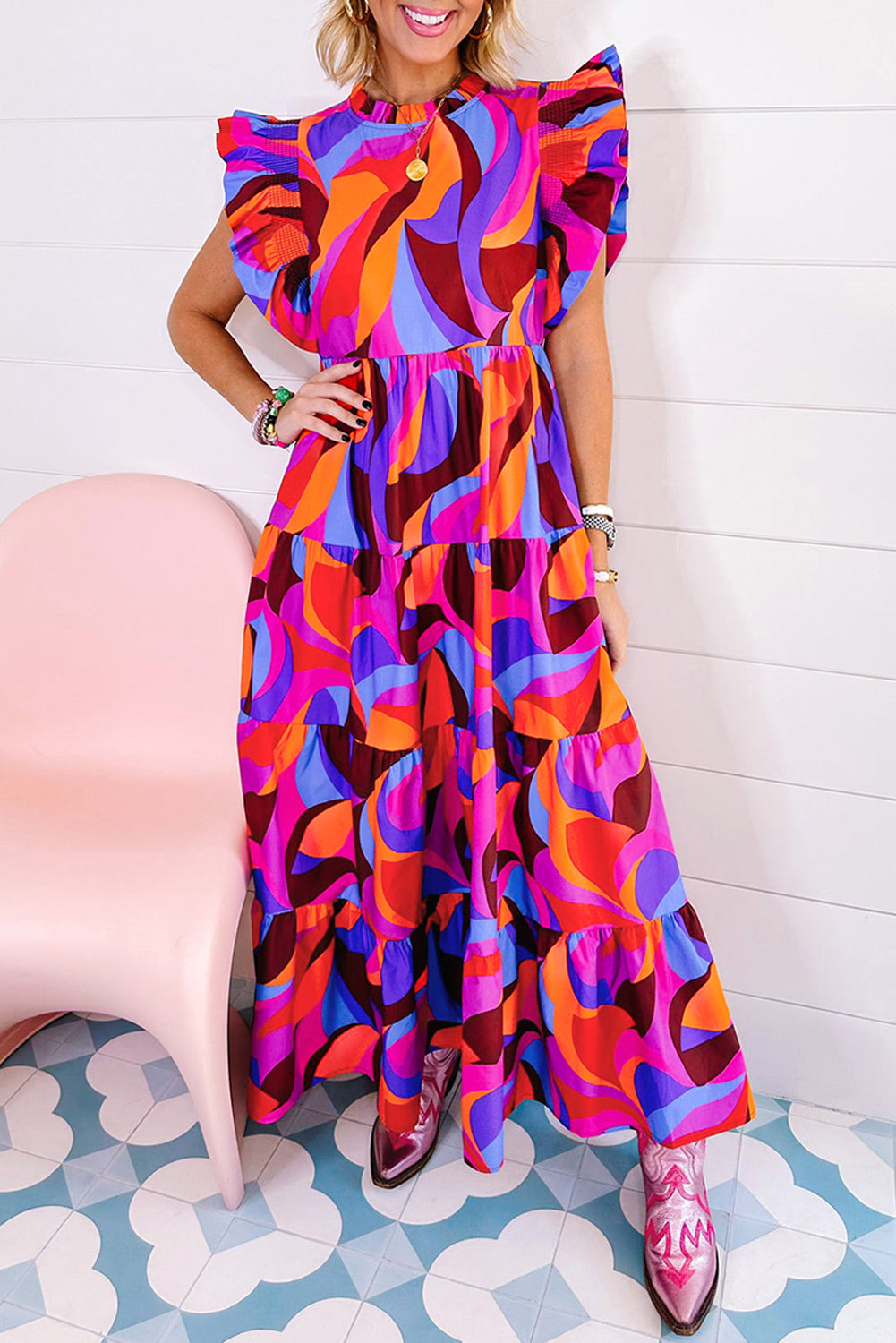 Robe Longue Imprimée Abstraite à Volants *