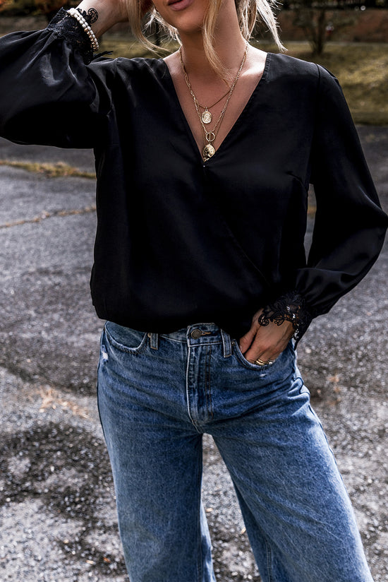 Black V -neck blouse and crochet lace cuffs