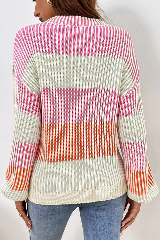 Pull rose à manches bulles en tricot texturé color block *