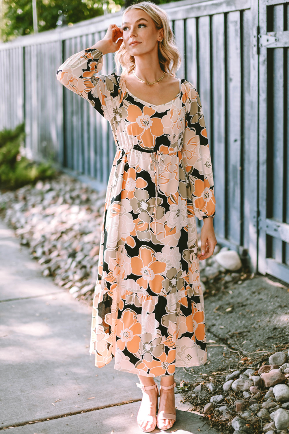 Tie Waist Puff Sleeve Bold Floral Maxi Dress