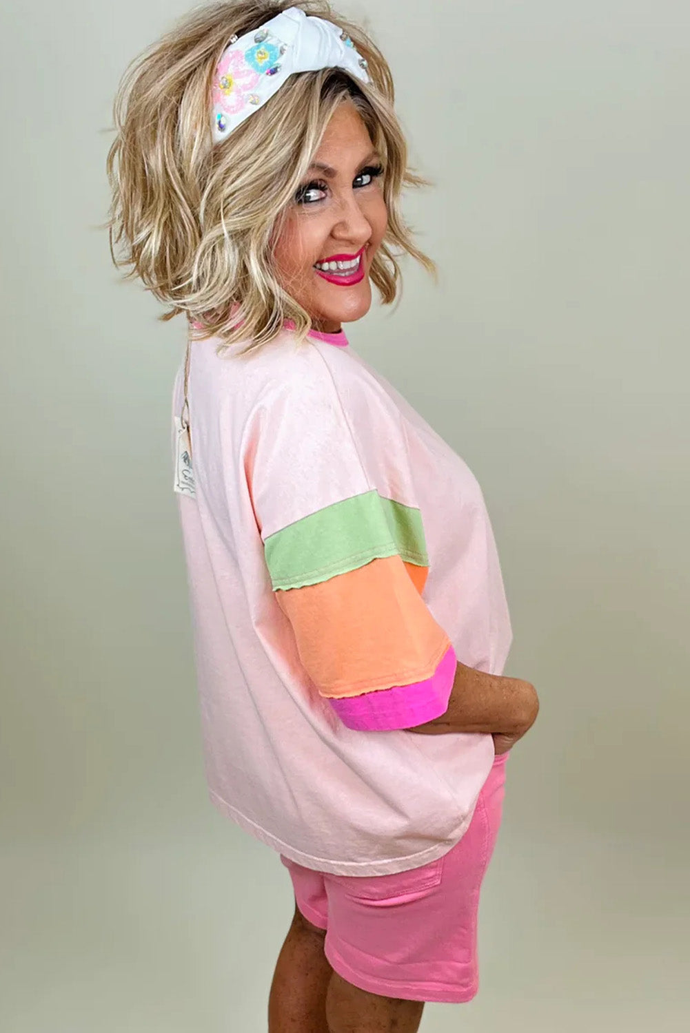 Pink T-shirt with half sleeves and round neck, plus size