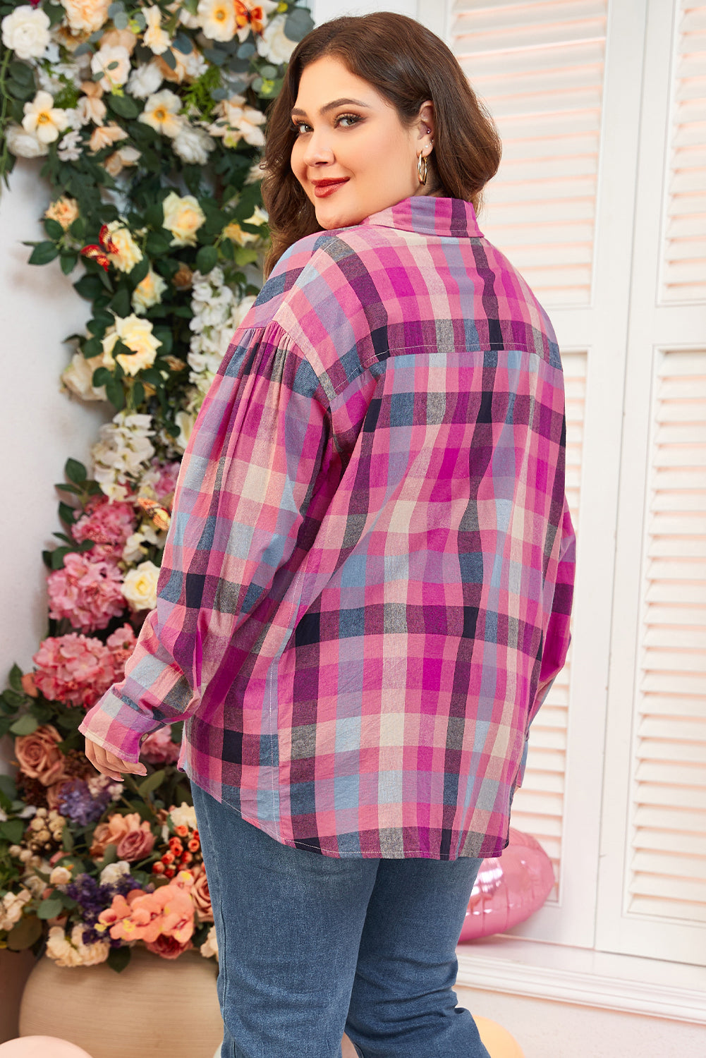 Chemise Boutonnée à Carreaux Imprimée à Rayures Roses de Grande Taille