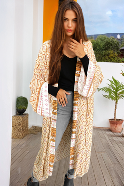 Long kimono with large geometric print bohemian geometric print