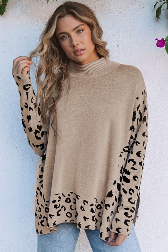 Oversize sweater khaki leopard with high collar *