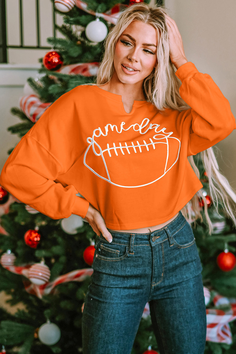 Sweat-shirt orange à col cranté avec inscription « Game Day » Rugby Football