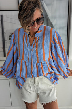 Bully -shaped sluggish sleeve buttoned shirt with sky blue stripes