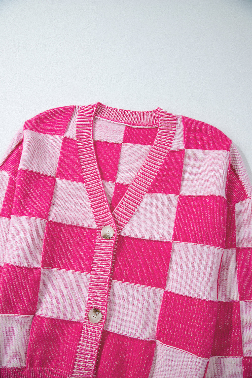 Pink Plaid Drop Shoulder Button Up V Neck Cardigan