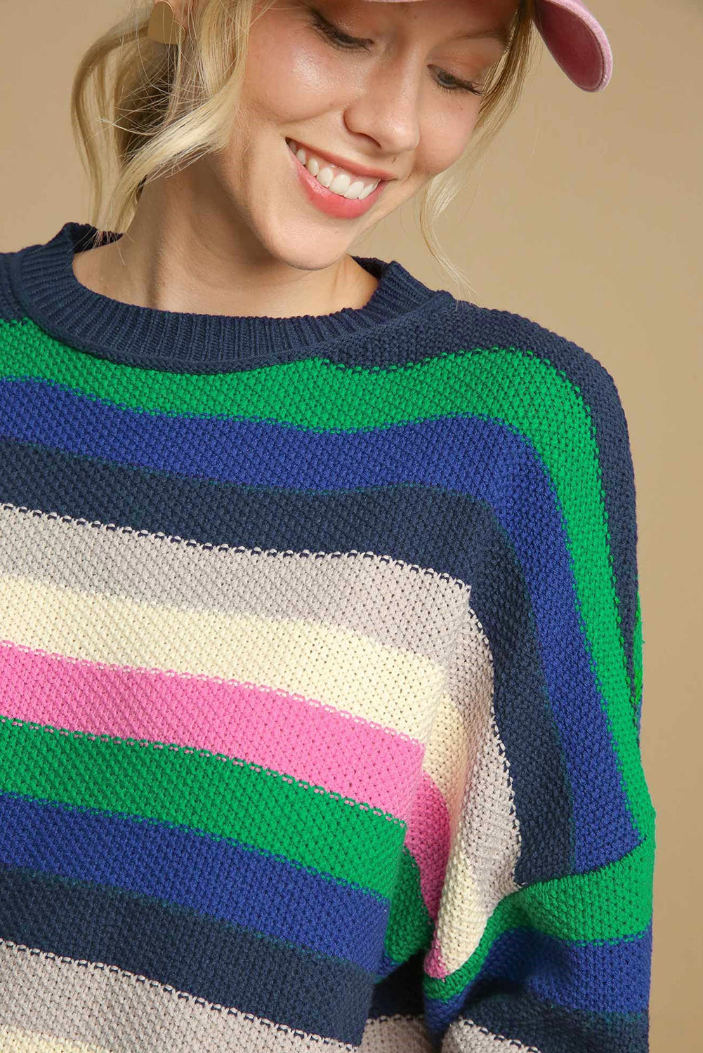 Bright green rainbow striped crew neck drop shoulder sweater