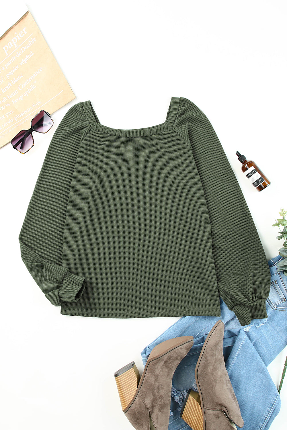 Green Scoop Neck Puff Sleeve Waffle Knit Top