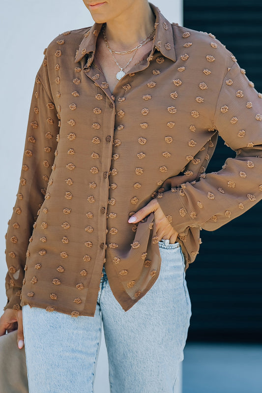 Brown Long Sleeve Button Fuzzy Polka Dot -Hemd