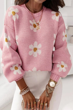 Sweater rosa de hombro rosa y motivo floral