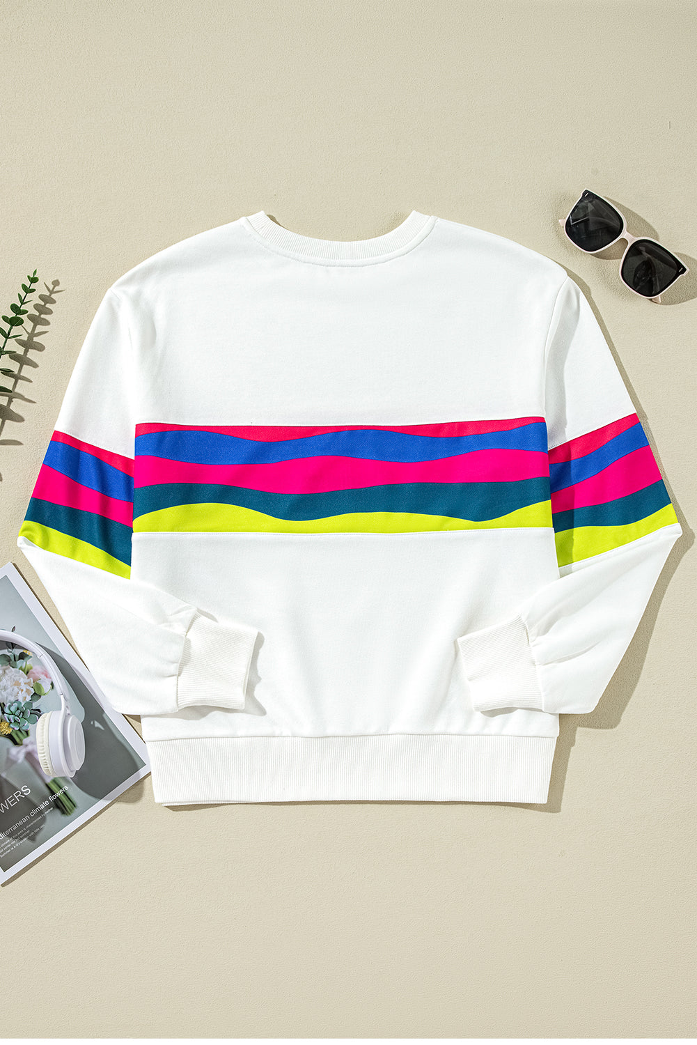 White Colorful Striped Accent Long Sleeve T Shirt