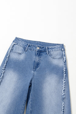 Beau Blue Raw Hem Flare Jeans with Vintage Stitching