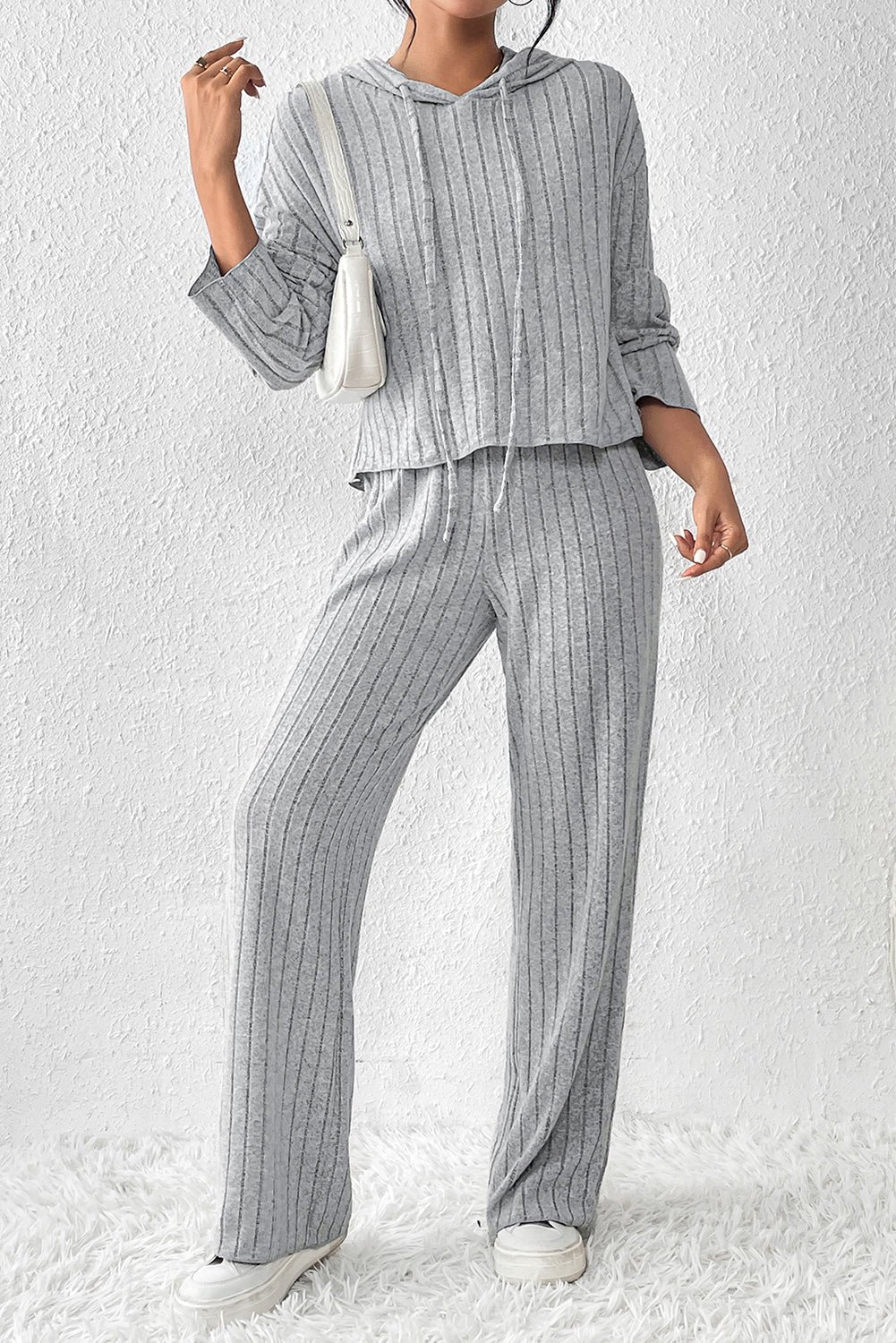 Grey Ribbed Knit Hooded Wide Leg Pant Set