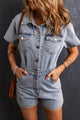 Vintage Light Blue Washed Button Pocket Denim Romper