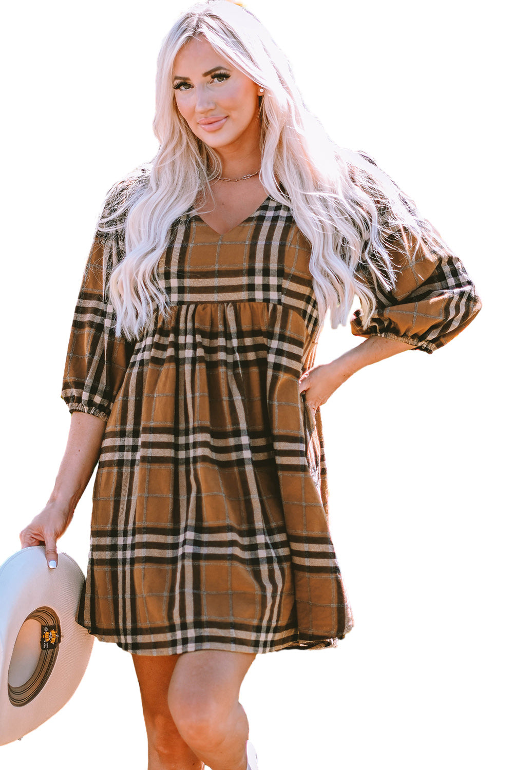 Abito da babydoll in giro per pattern plaid marrone