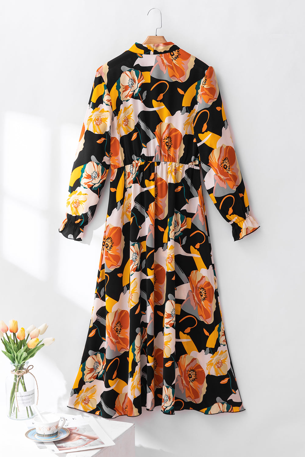 Vestido de manga larga con cuello de estampado de estampado floral naranja