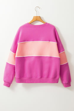 Pink Sachet Color Block Patchwork Sweatshirt with Dropped Shoulders and Ribbed Trim