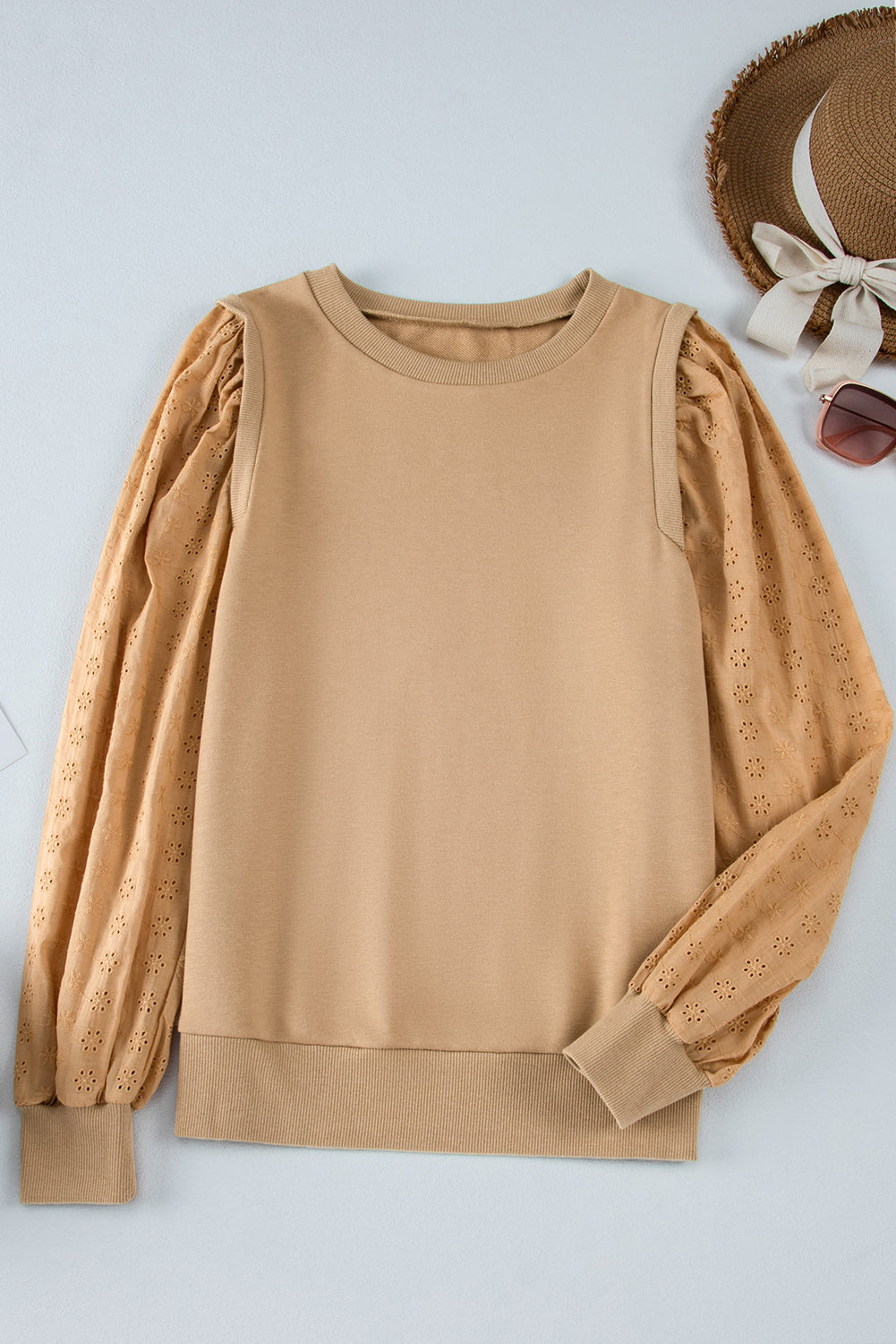 Pale Khaki Solid Patchwork Sleeve Round Neck Felpa