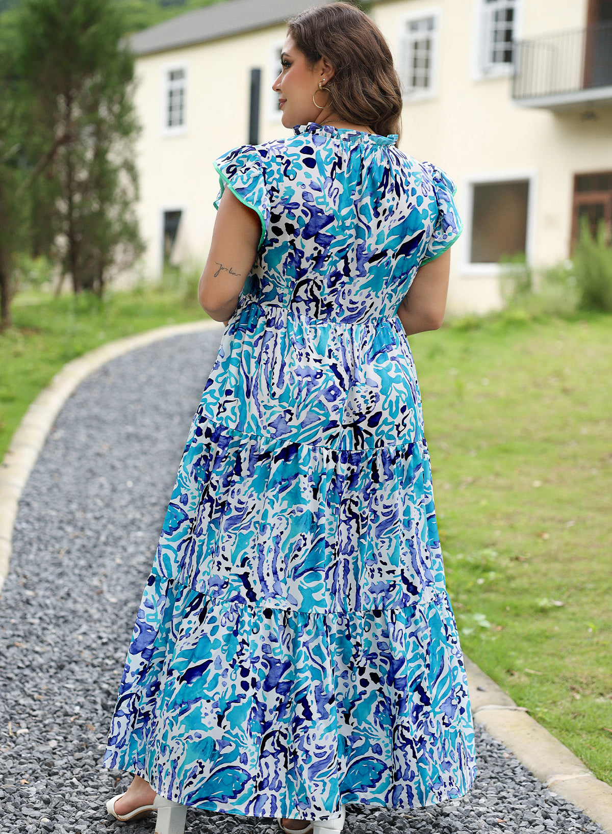 Sky Blue Plus Abstract Print Split Neck Ruffled Sleeve Tiered Long Dress