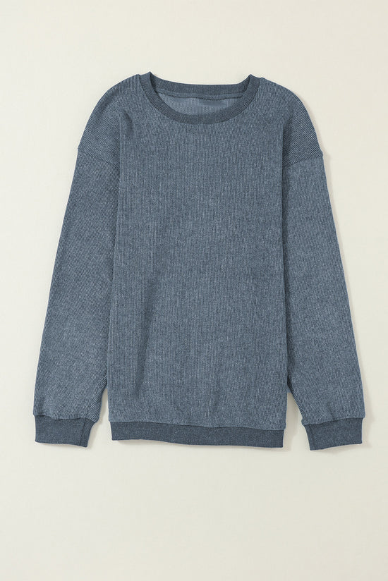 Plain blue ribbed knit crew neck sweatshirt