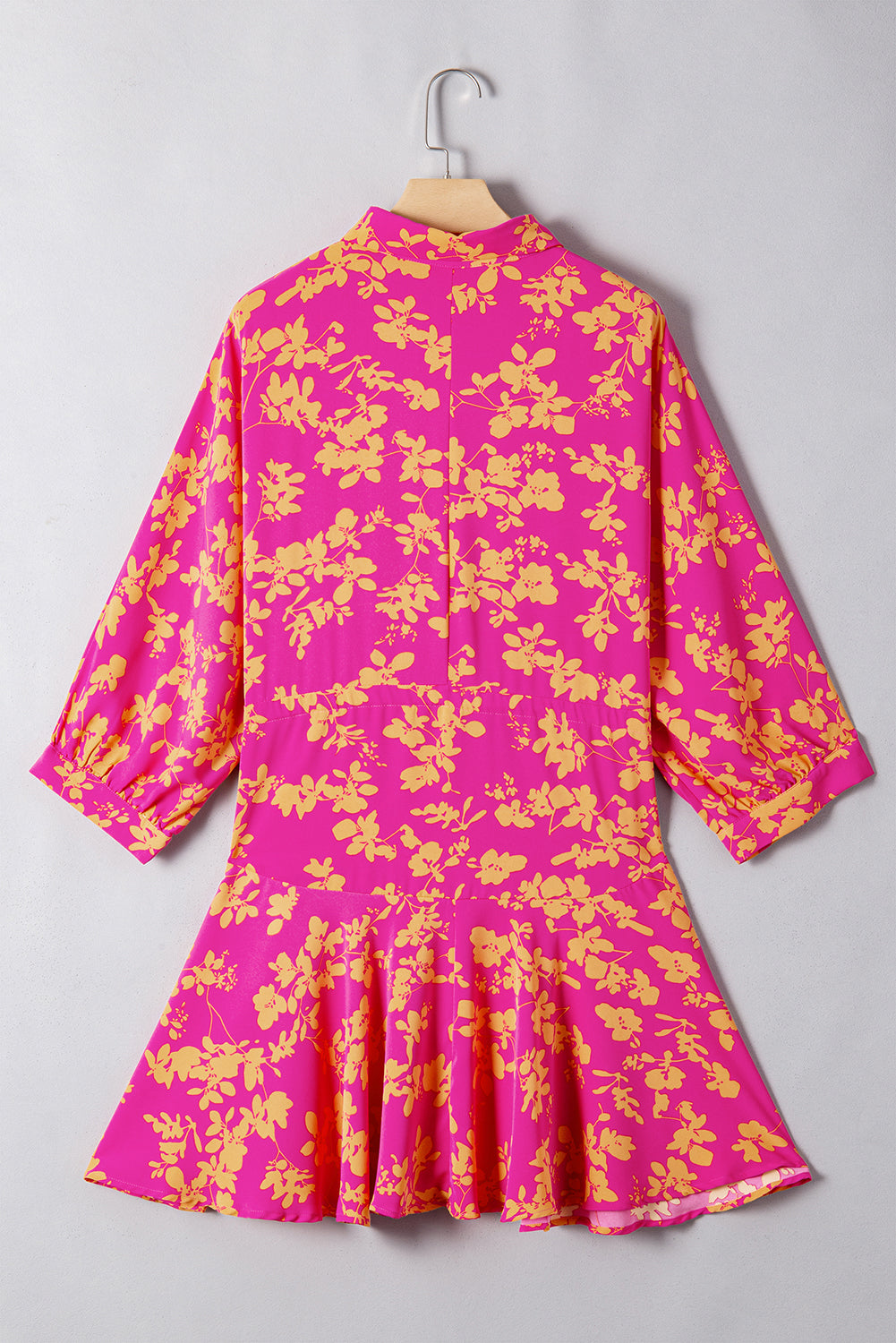 Short flowing tunic dress with drawstring in pink floral print