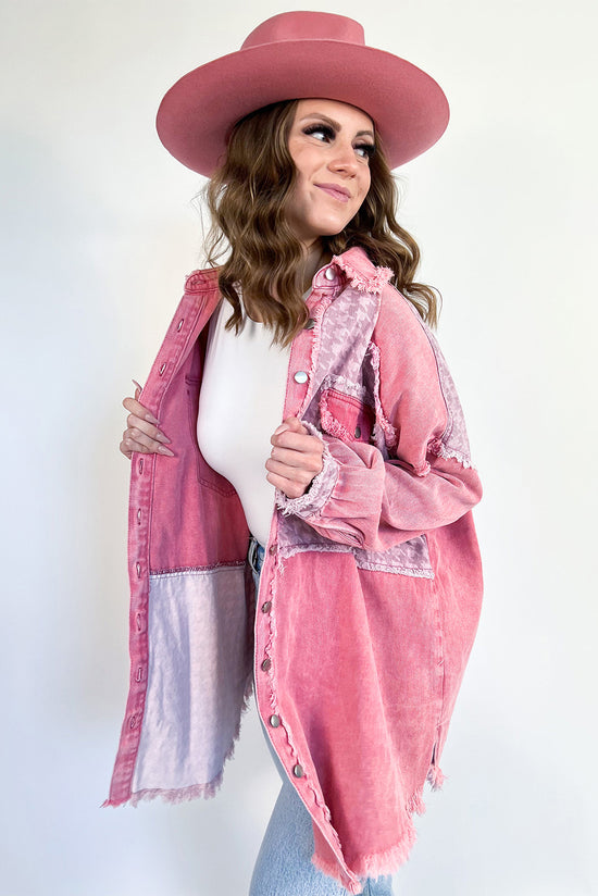 Retro pink distressed houndstooth patchwork denim jacket