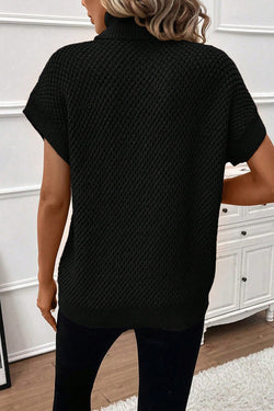 Textured black turtleneck sweater with short sleeves