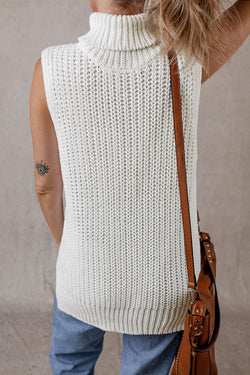 Gilet pull blanc à col roulé et ourlet fendu