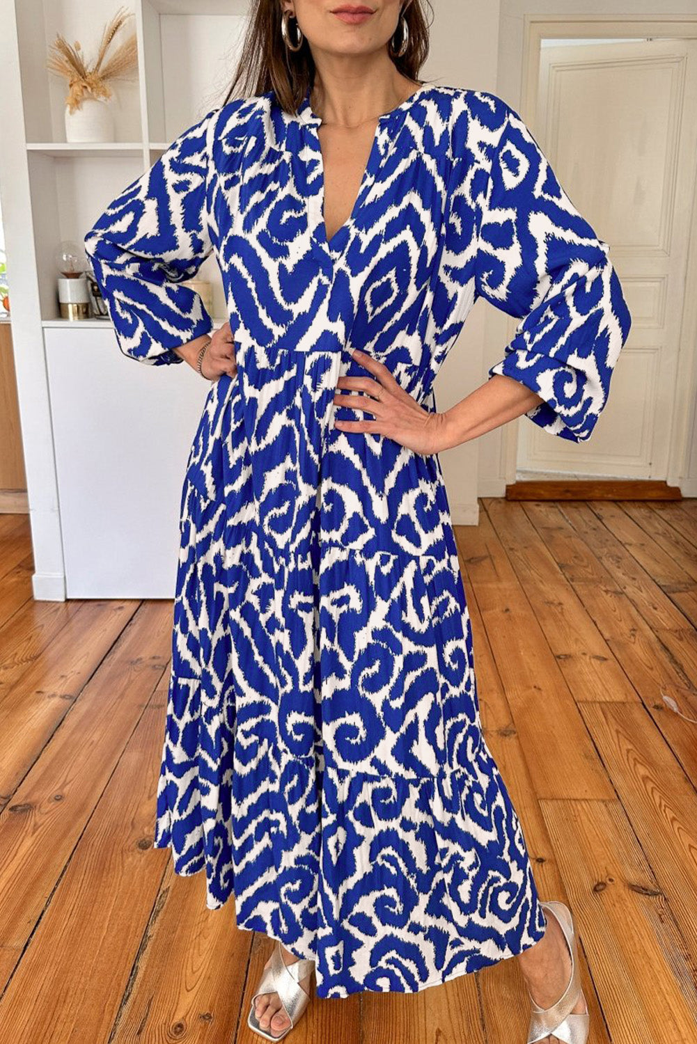 Blue Western Abstract Geometric Stampato Maxi Dress