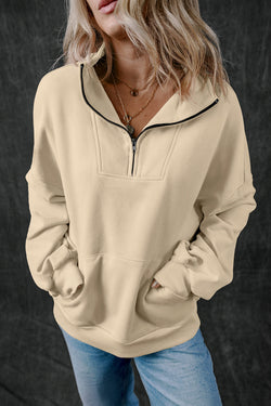 Smoke gray zip-up sweatshirt with stand-up collar and kangaroo pocket