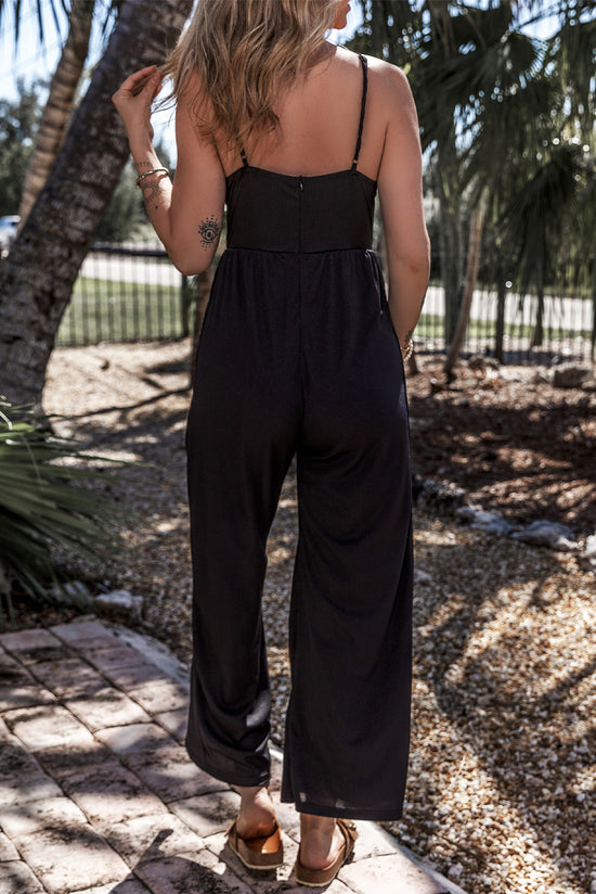 Black Wide Leg Camisole Jumpsuit Sexy High Waist V Neck