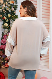 Color Block Split V-Neck Long Sleeve Top with Parchment Cord