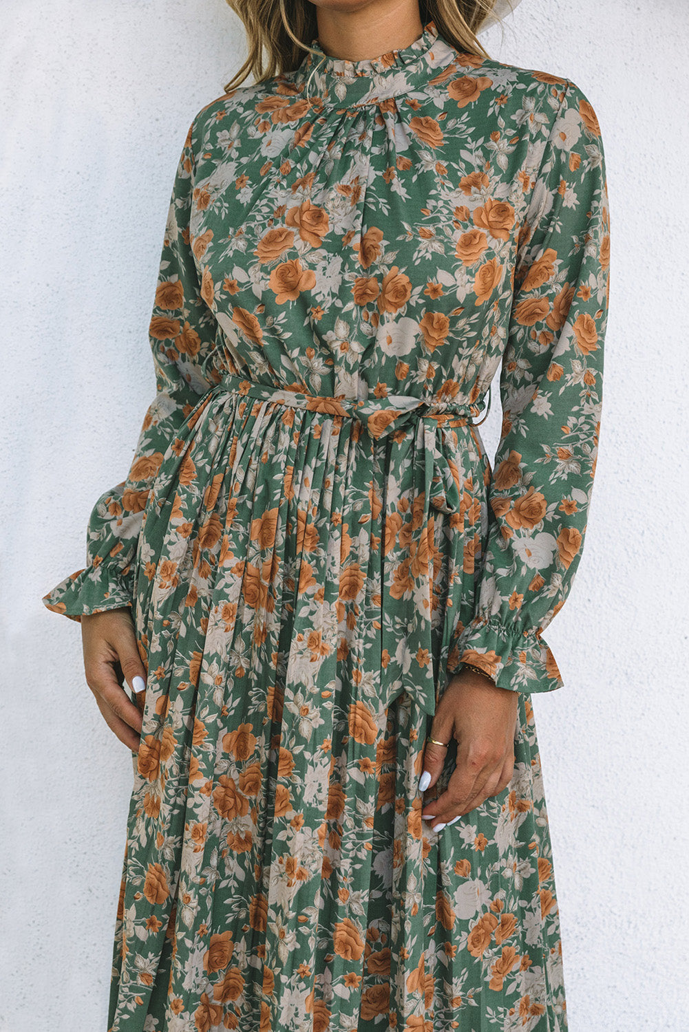 Green Pleated Floral Long Sleeve Maxi Dress with Tie