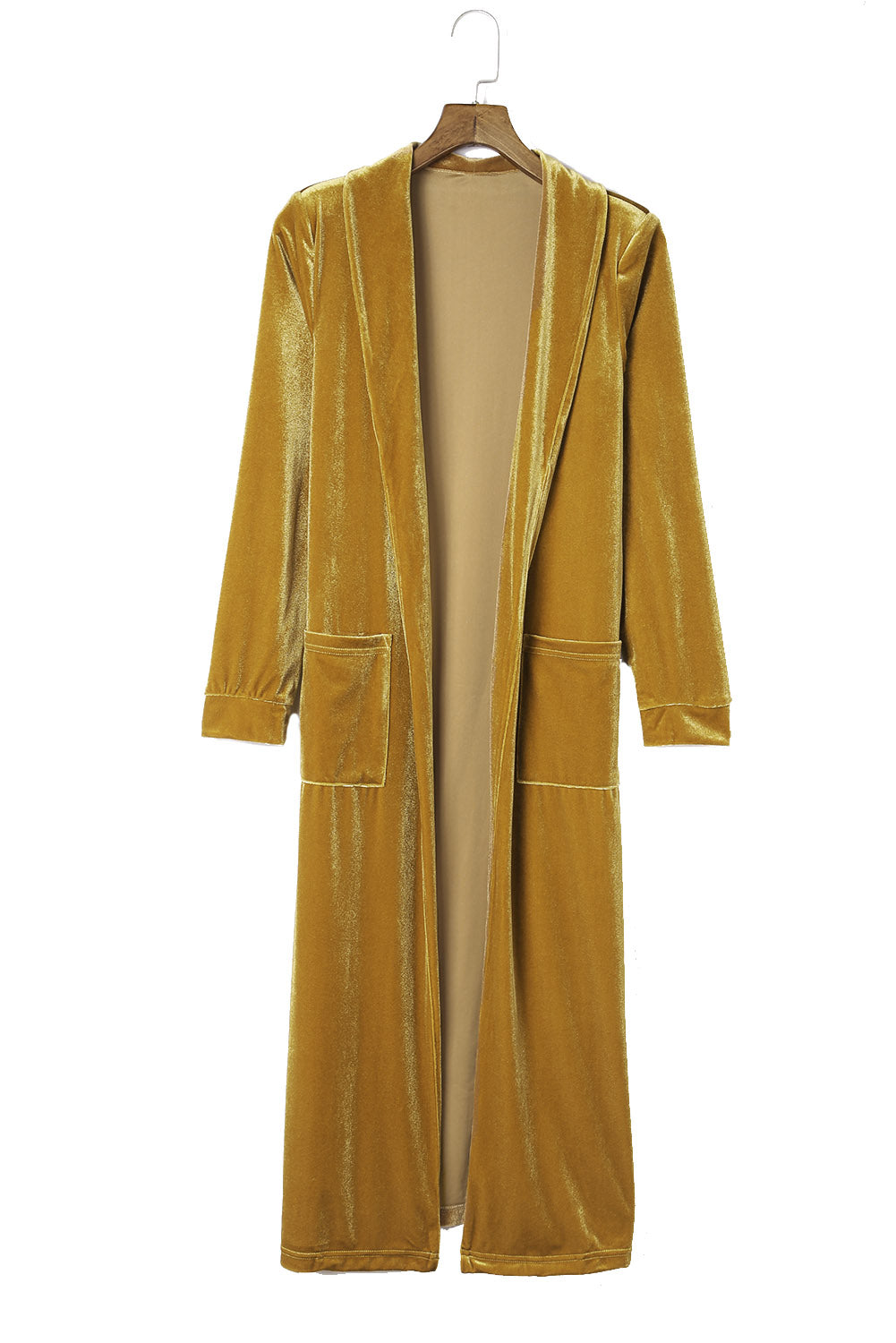 Yellow Velvet Open Front Pocketed Long Duster